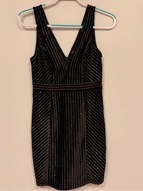 Windsor Black Sleeveless V-Neck Mini Dress with Metallic Stripes